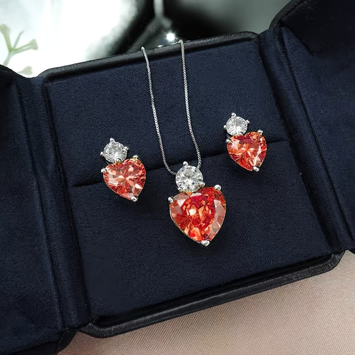Wholesale Pink diamond heart-shaped necklace and earrings jewelry set