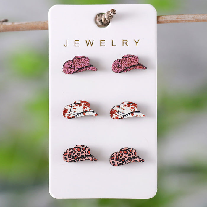 Wholesale Western style leopard print cow pattern turquoise pattern cowboy hat earring set wooden earrings gift
