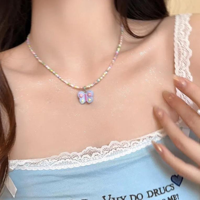 Wholesale Colorful beaded butterfly necklace for senior girls to wear collarbone chain summer