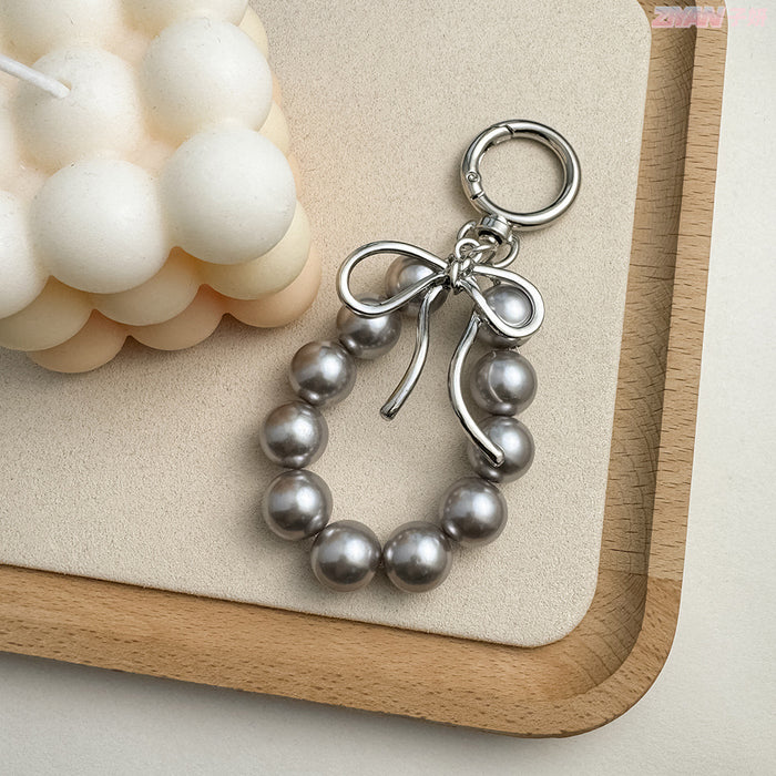 Wholesale Keychain Pendant Metal Shaped Bow Pearl Beaded Mobile Phone Hanging Accessories