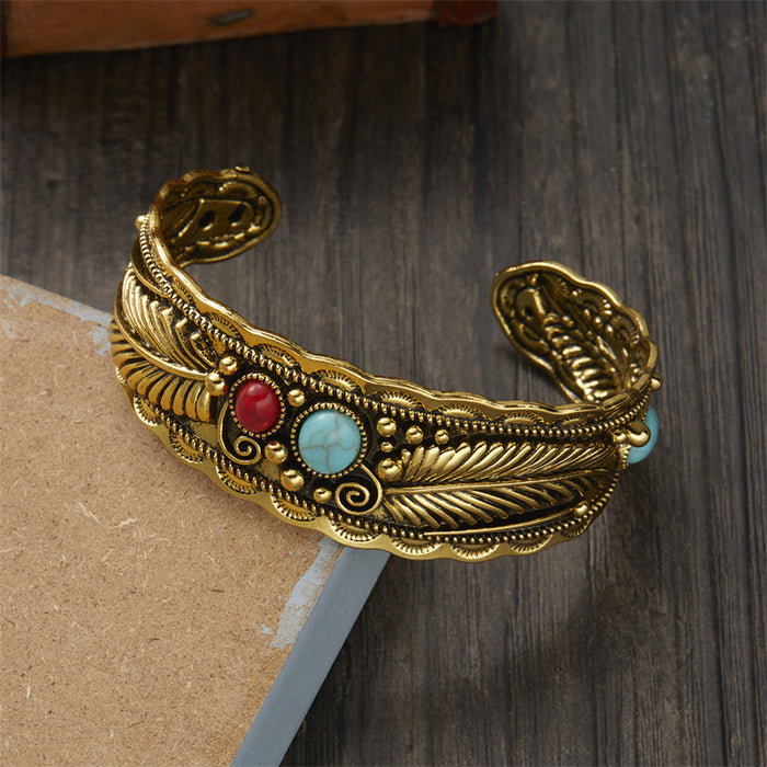 Wholesale Retro Ethnic Style Two-color Leaf Pattern Bracelet JDC-BT-GangM001