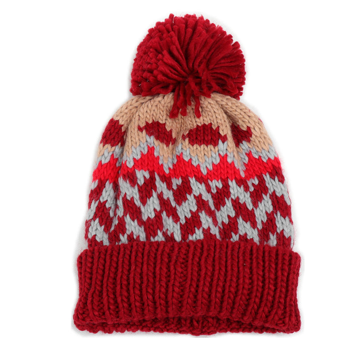 Wholesale Color blocked Geometric Diamond Jacquard Beanie with Colorful Turn-up Thickened Warm Knitted Hat