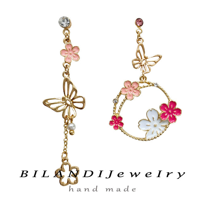 Wholesale Silver Needle Sweet Flower Butterfly Earrings with Asymmetric Diamond Setting
