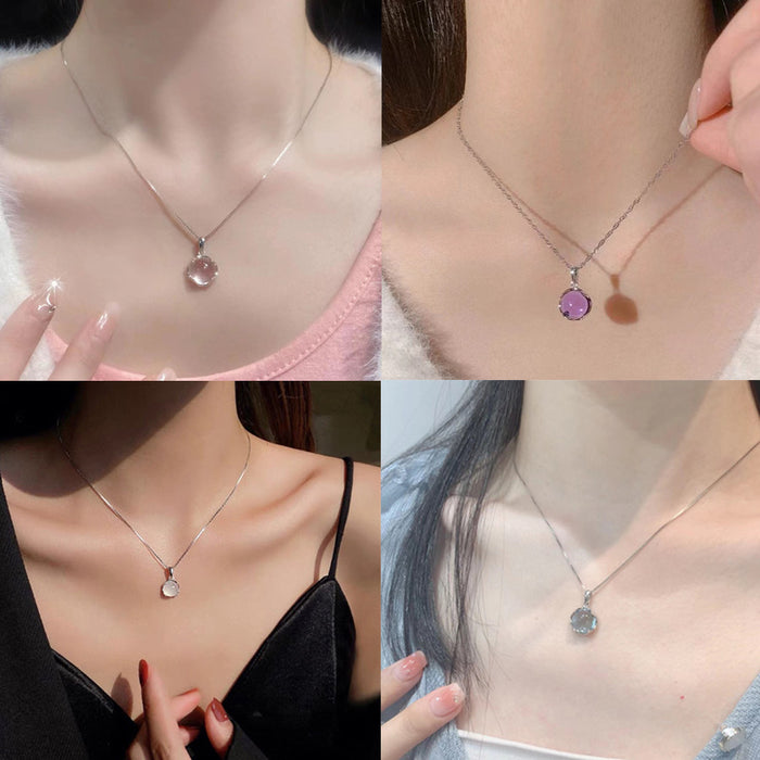 Wholesale Pink crystal necklace, light luxury, simple temperament, versatile collarbone chain, new style, round pendant accessory