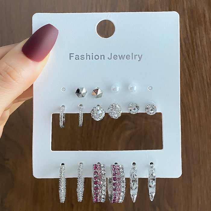 Wholesale 6-piece geometric pearl and diamond statement earring set