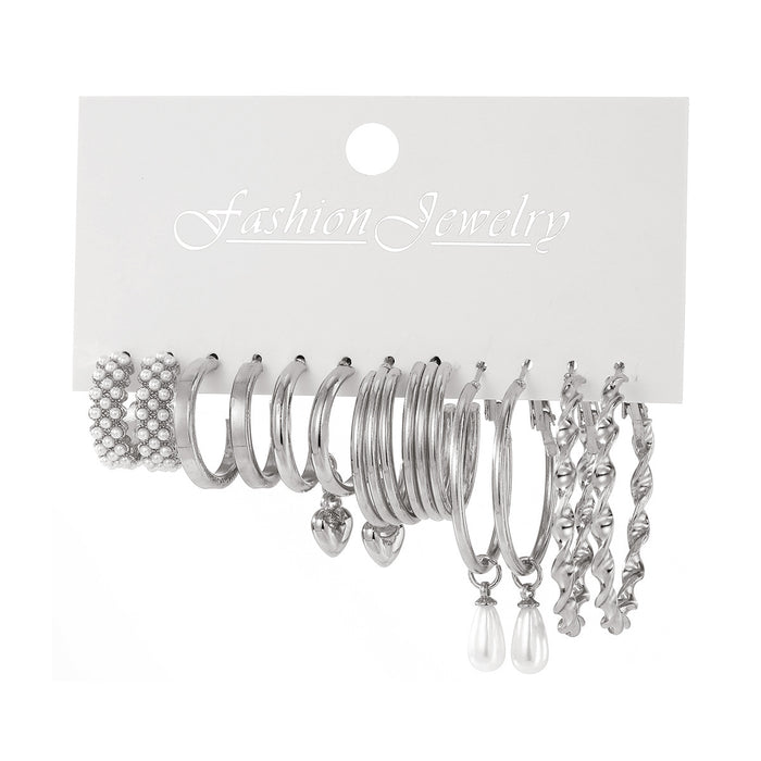 Wholesale 6-piece geometric pearl and diamond statement earring set