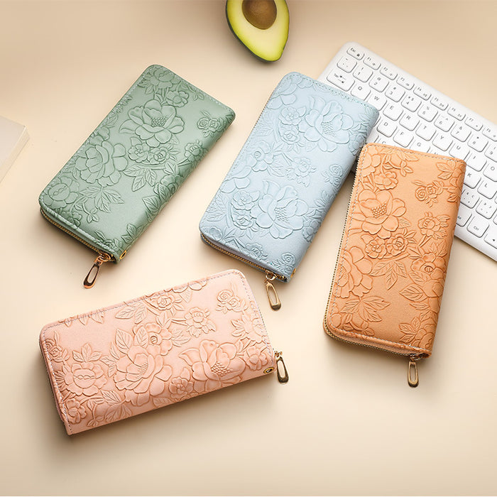 Wholesale Literary Floral Embossed Women' s Pu Wallet Light Blue Daily Matching Boutique MOQ:3