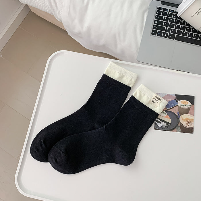 Wholesale Socks, cotton socks, mid tube socks, heart-shaped embroidered pile socks, double ribbed spliced long socks, anti odor boneless cotton socks