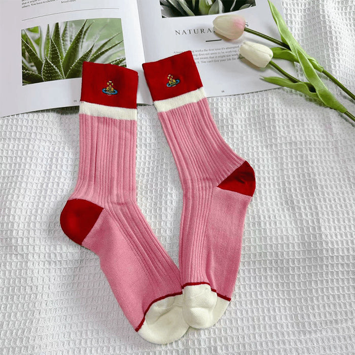 Wholesale Embroidered women's socks solid color double needle tube versatile stacking socks