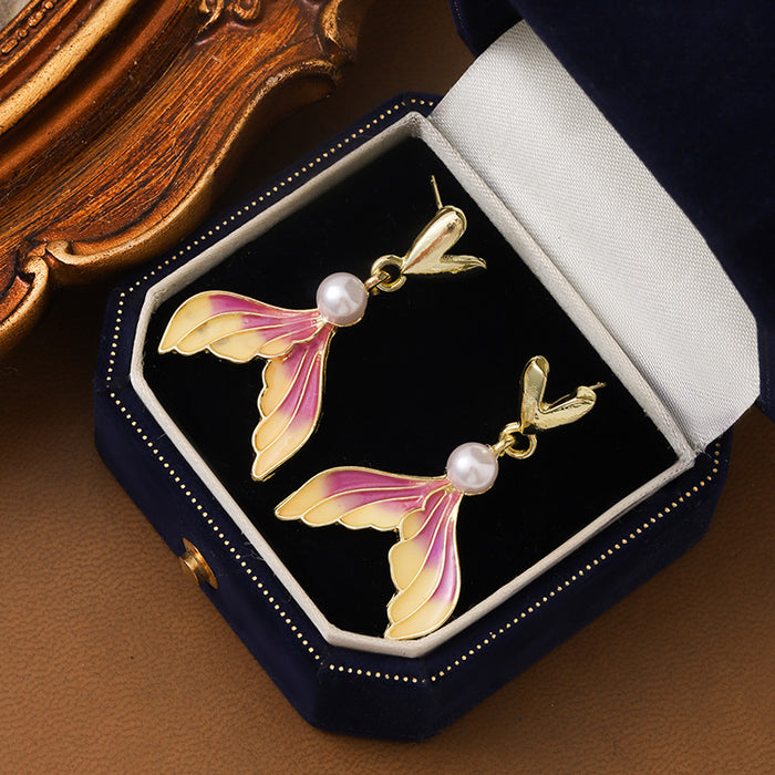 Wholesale Silver needle  oil gradient purple fishtail love pearl earrings