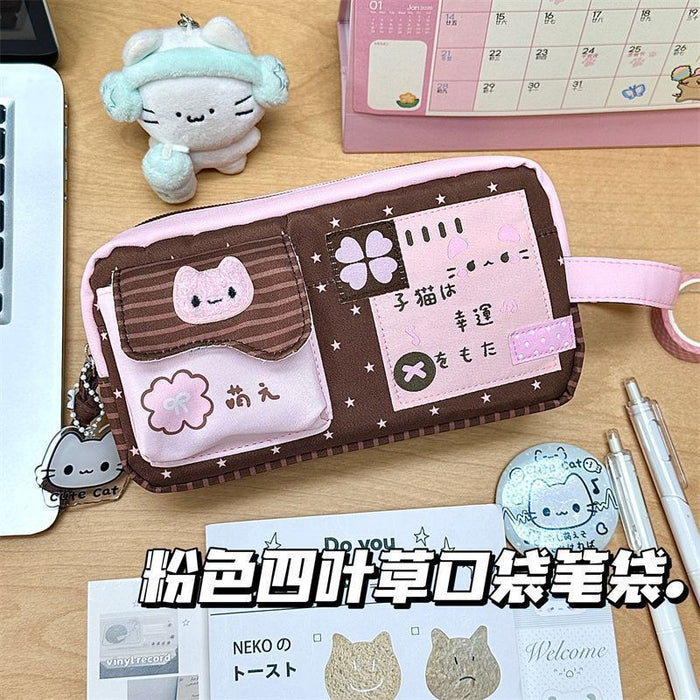 Wholesale Cute Four-Leaf Clover Kitten Pencil Case Polyester Large Capacity Gift