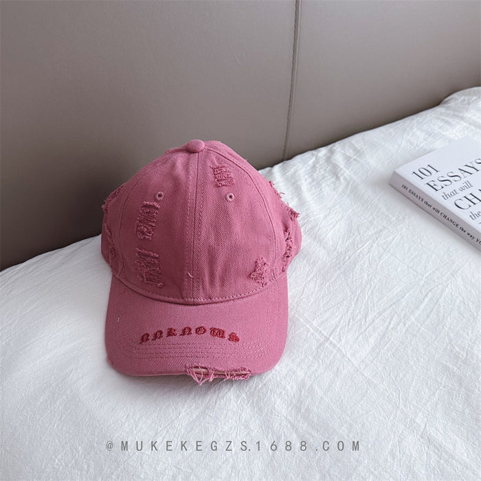 Wholesale Children's duckbill cap with worn holes, embroidered letters, fashionable sun shading baseball caps for boys and girls