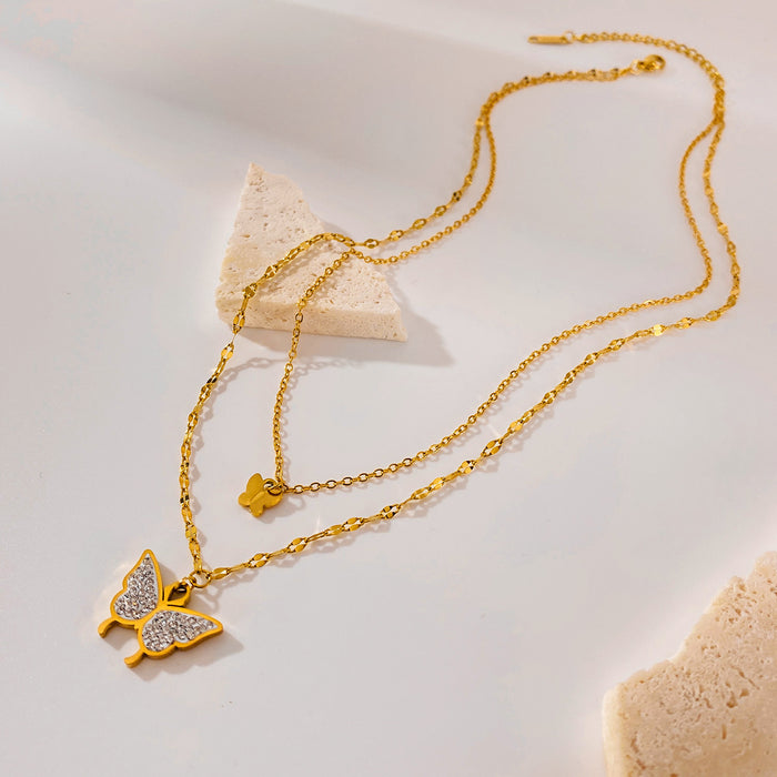 Wholesale Stainless steel exquisite butterfly inlaid with diamonds, double-layer stacked collarbone chain