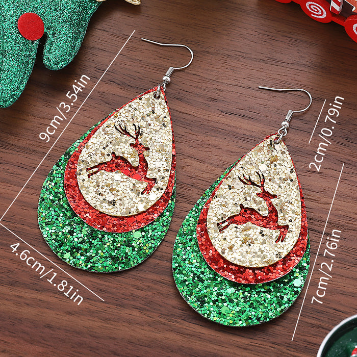 Wholesale Leather Christmas Elk Drop Earrings Hollow Design Jewelry Accessory