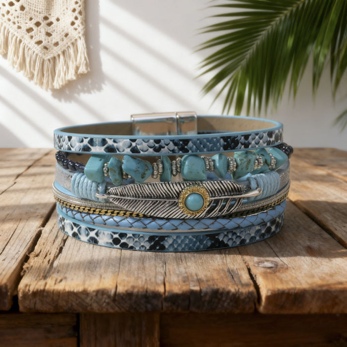 Wholesale Leather Bohemian Turquoise Bracelet with Leopard Print