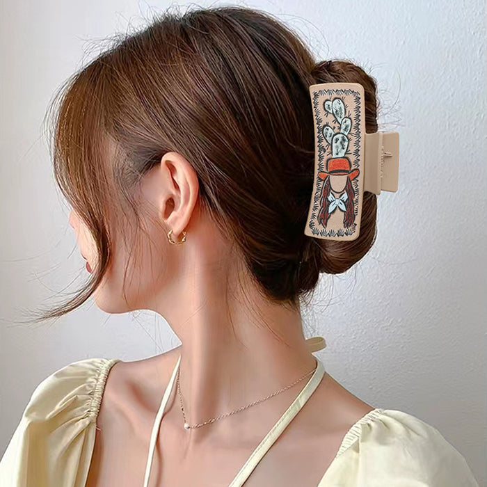 Wholesale Western Denim Wind Cactus Leather Women' s Hairpin Grab Clip Shark Clip