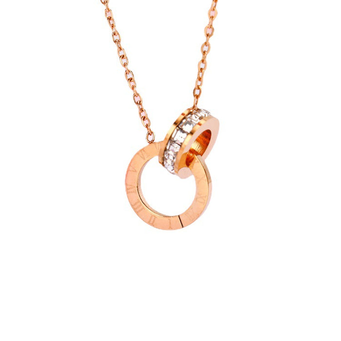 Wholesale 2pcs Titanium Steel Rose Gold Roman Double Ring Number Necklace JDC-NE-XinLong015