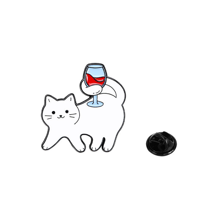 Wholesale Super cute cat cartoon badge personality cool white kitten drink red wine shape alloy enamel brooch