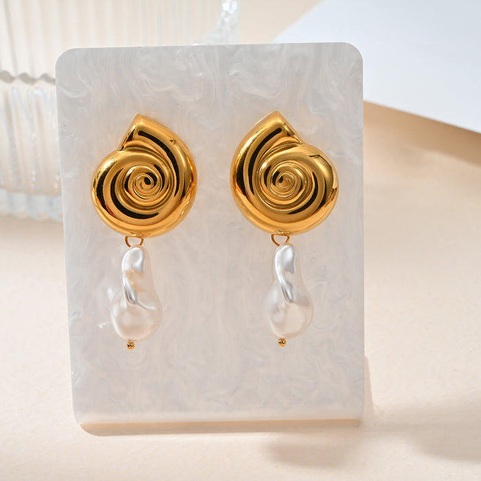 Wholesale Temperamental Conch Design Stainless Steel Pearl Earrings Color Preserving Electroplating