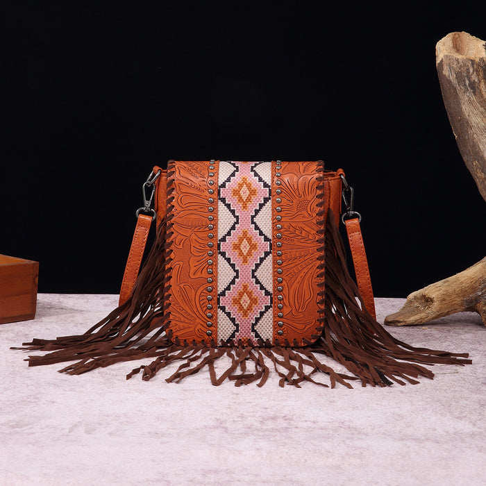 Wholesale Retro cotton and linen printed bohemian style leather carved shoulder crossbody women' s bag