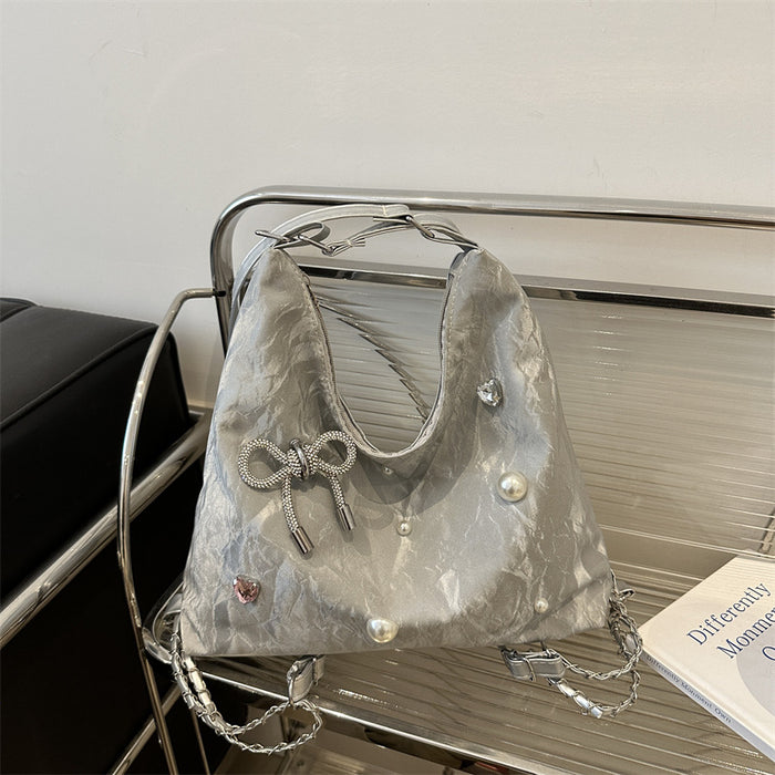 Wholesale Silver bag, new fashionable single shoulder large capacity commuting bag, crossbody bucket bag