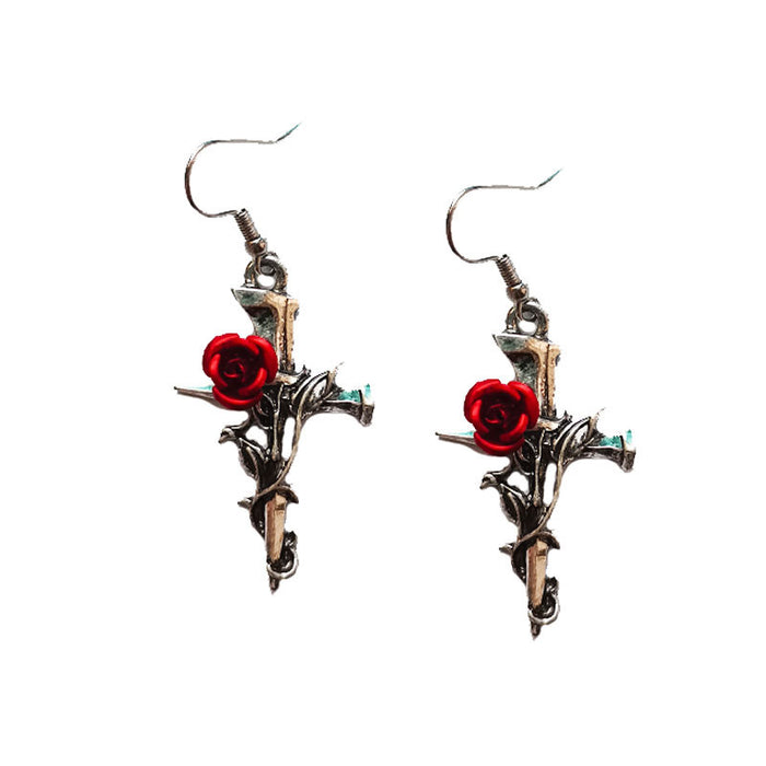Wholesale Vintage Dark Gothic Alloy Rose Flower Cross Earrings JDC-NS-FuSu006