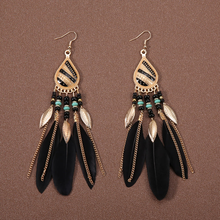 Wholesale Alloy Bohemian Feather Tassel Long Earrings JDC-ES-Gumi004