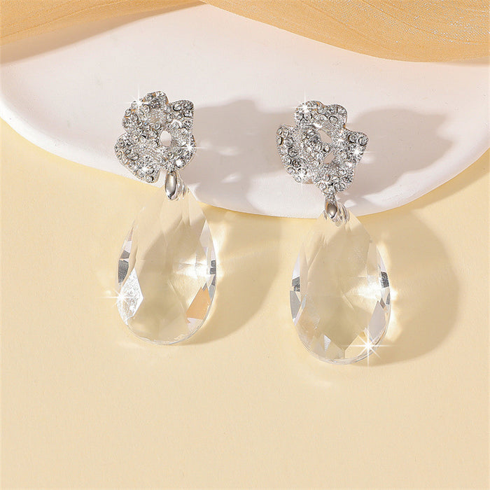Wholesale Silver Crystal Water Drop Floral Drop Earrings Chic Jewelry Accessory MOQ≥2