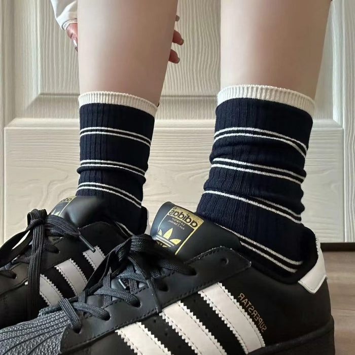 Wholesale Mid length socks, pure cotton pile socks, contrasting stripes, sweat absorbing socks