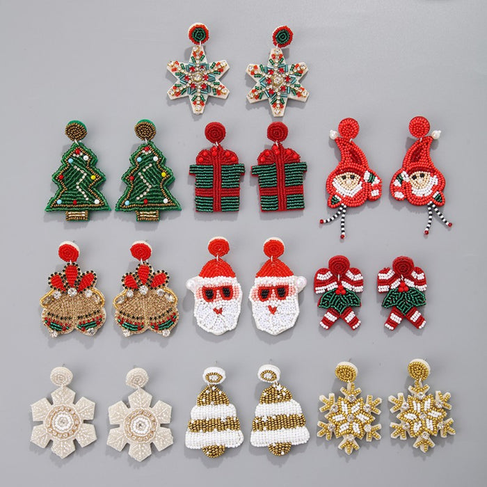 Wholesale Christmas Fabric Rice Bead Earrings Hand-Sewn Christmas Tree Old Man Snowman Snowflake Earrings