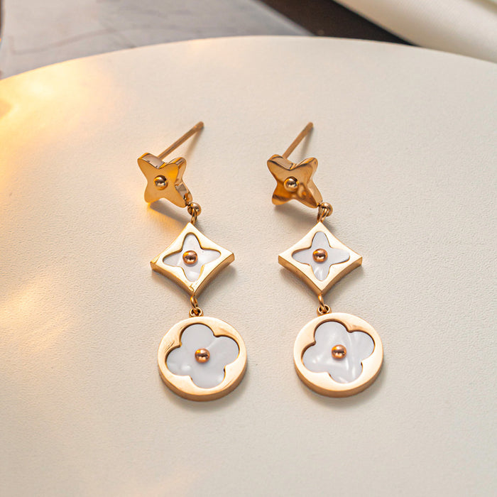 Wholesale Four-leaf Flower White Shell Stainless Steel Earrings JDC-ES-OBK001