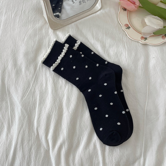 Wholesale Lace socks, mid tube socks, pure cotton retro polka dot long socks, pile socks