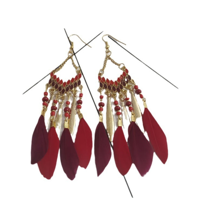 Wholesale Feather Tassel Earrings Bohemian Vintage Rice Beads Oil Drop Long Earrings