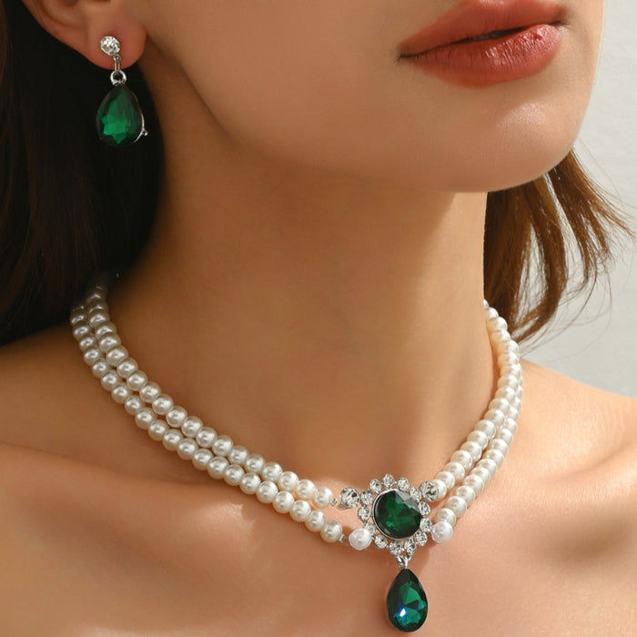 Wholesale Alloy Pearl Rhinestone Bridal Jewelry Set - 2 Piece Necklace Earrings MOQ≥2
