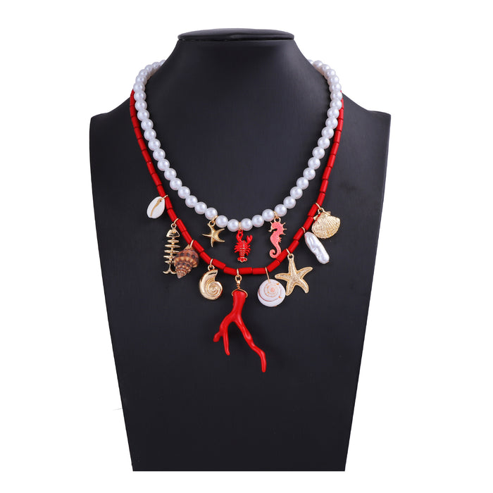 Wholesale Imitation Pearl Double Layer Stacked Wear Starfish Necklace
