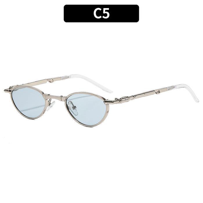 Wholesale Foldable Metal Oval Sunglasses with Rhinestones UV400 Gold Frame Gray Lens for Resale