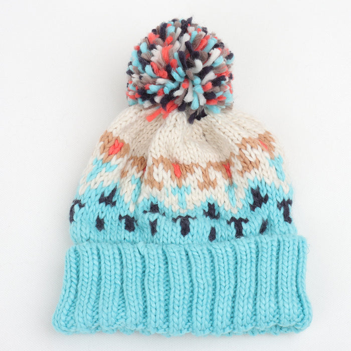 Wholesale Color blocked Geometric Diamond Jacquard Beanie with Colorful Turn-up Thickened Warm Knitted Hat