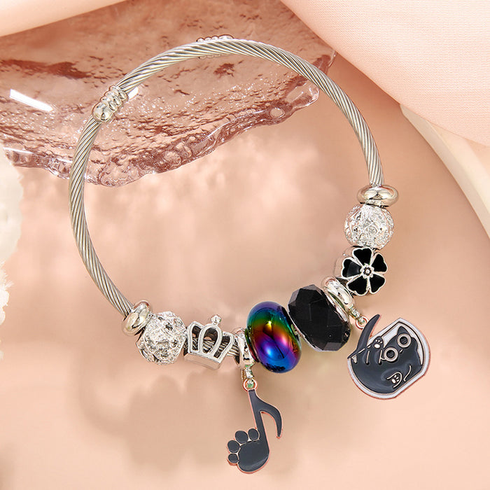 Wholesale Stainless Steel Plated Cartoon Black Cat Pendant Adjustable Bracelet for Women Party Wear