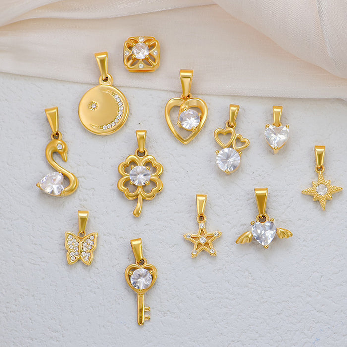 Wholesale 6pcs/set DIY diamond love four-leaf clover butterfly key geometric accessories stainless steel plated 24K gold pendant