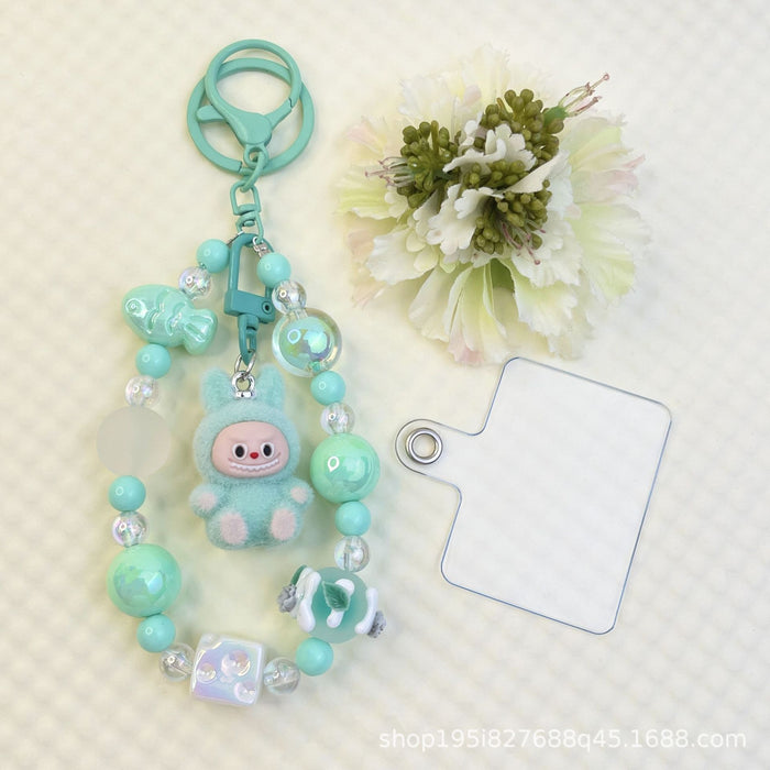 Wholesale Flocking sitting funny colorful beaded mobile phone chain keychain bag doll pendant accessories
