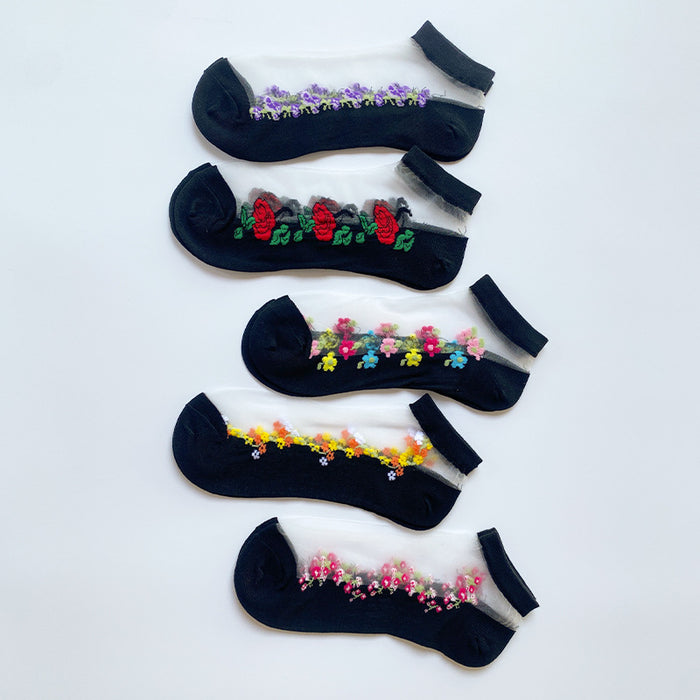 Wholesale mid-calf Crystal stockings spring and summer thin embroidered glass Silk women' s socks middle-aged and elderly non-slip socks