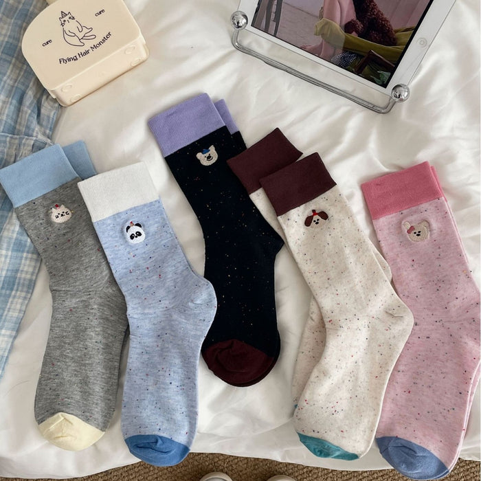 Wholesale Boneless dotted yarn cotton socks, color blocked embroidery, mid tube pile socks, cute