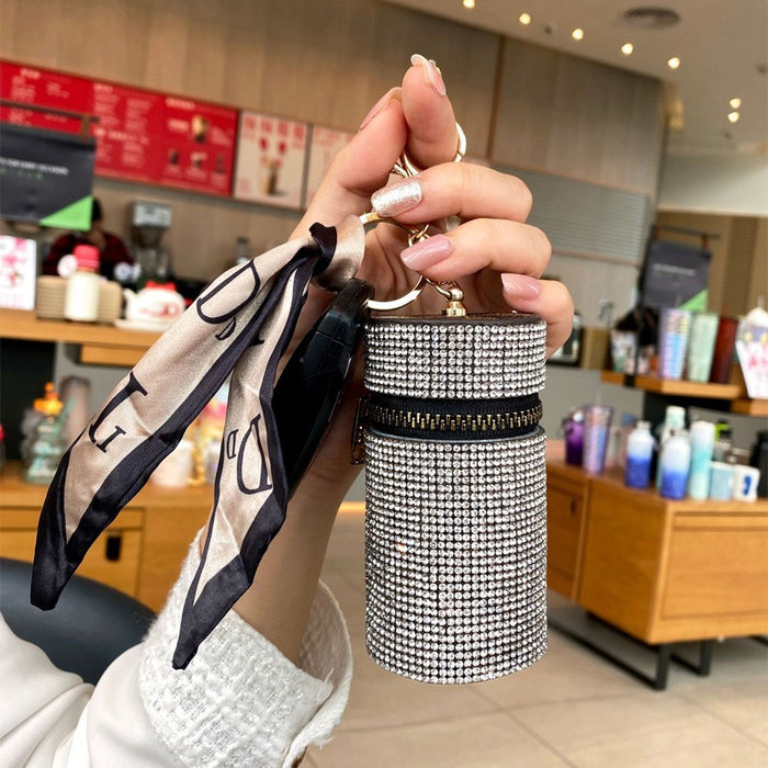 Wholesale Crystal Encrusted Light Luxury Bucket Bag Keychain Multi Pocket Lipstick Earphone Coin Holder Decorative Bag Charm Boutique Resale