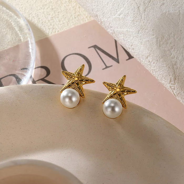 Wholesale Mini Cute Stainless Steel Pearl Starfish Earrings Retro Exquisite Earrings