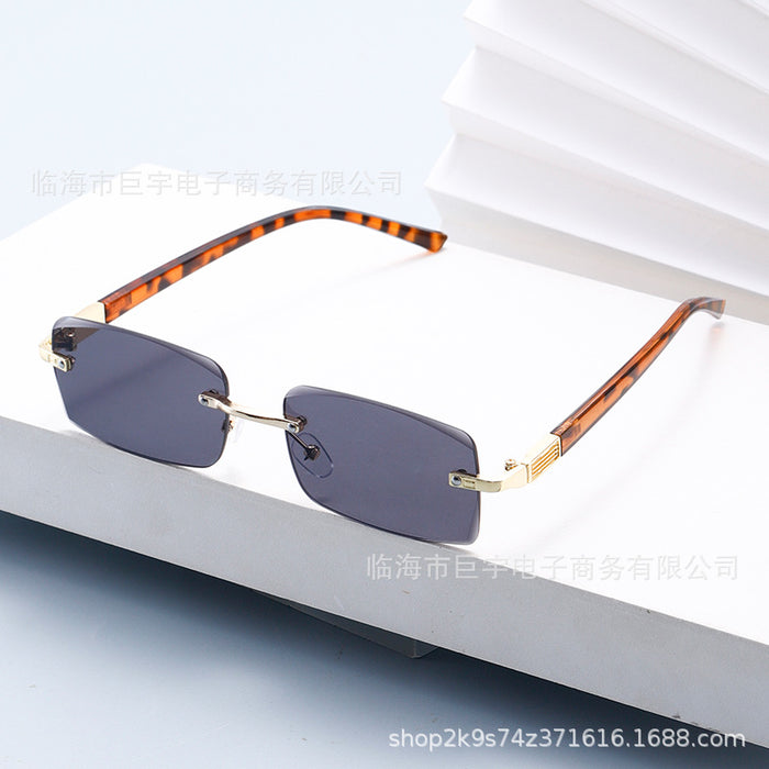 Wholesale Wood grain temple metal frameless sunglasses, irregular square trendy sunglasses