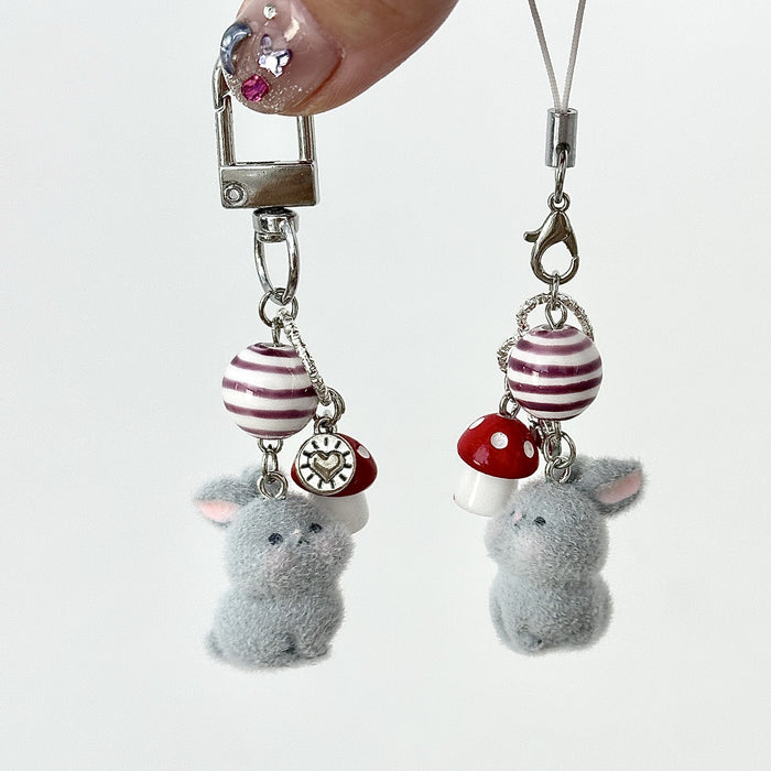 Wholesale Cute Flocked Mushroom Bunny Beaded Phone Chain Small Animal Bag Keychain