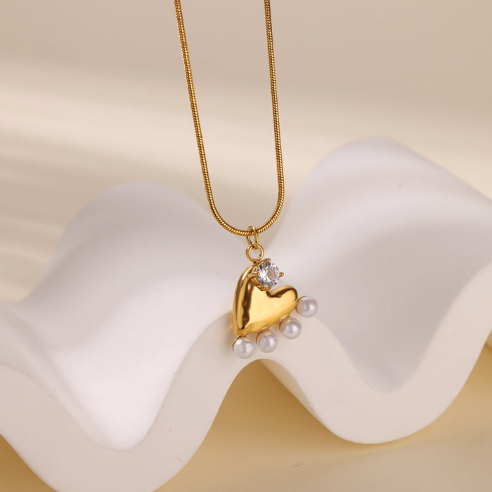 Wholesale  Stainless steel heart-shaped zircon pearl pendant necklace