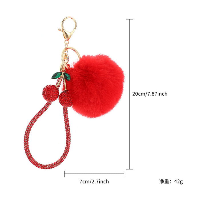 Wholesale Simulation Fruit Crystal Cherry Pom Pom Keychain with Rhinestone Decoration