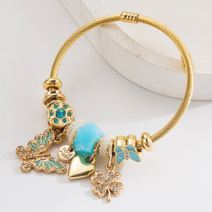 Wholesale Chic Adjustable Women S Bracelet With Butterfly Heart Clover Charms Alloy Pink Fashion Jewelry Accessory