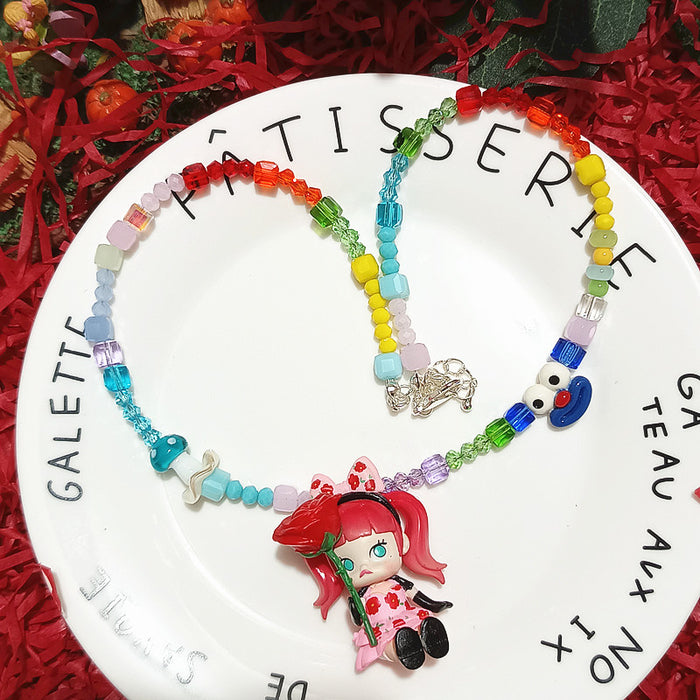 Wholesale Crystal Beaded Red Hat Fairy Cute Short Necklace for Women